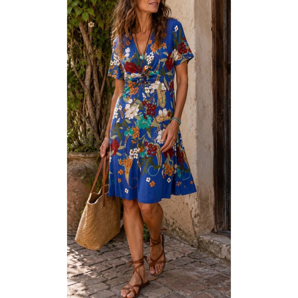 Johnny Was Tee Bee Twist Front Swing Dress Blue Floral Boho Medium